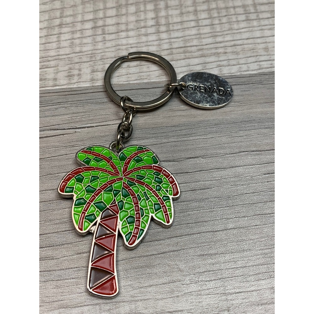 Grenada Souvenir Keychain Palm Tree Mosaic Enamel Tropical Silver Tone Charm5628
